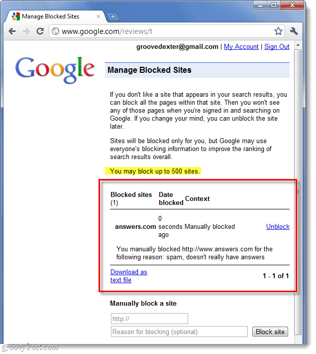 jūsų „Google“ užblokuotų svetainių sąrašas