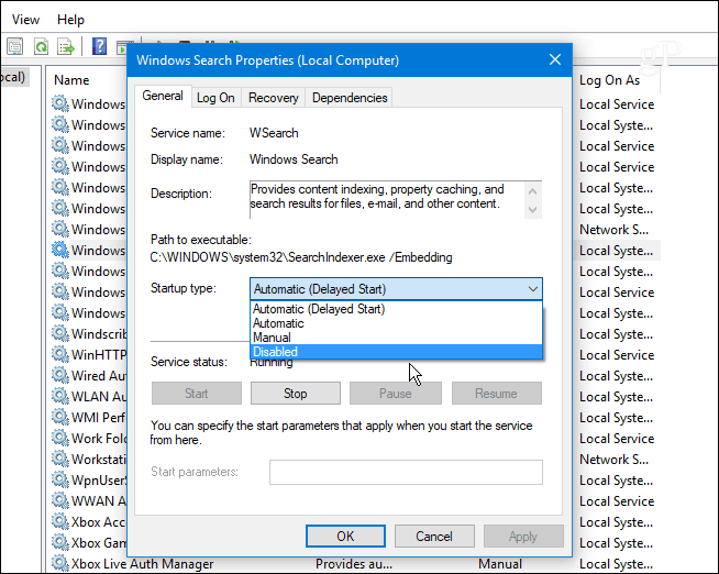 2 Išjunkite „Windows“ paieškos paslaugą „Windows 10“