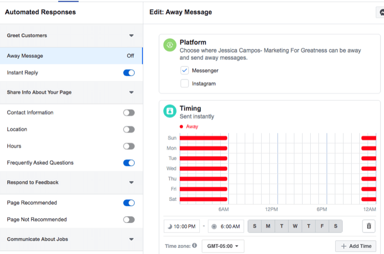 „Facebook Messenger“ automatinio atsakymo laiko nustatymų ekrano kopija