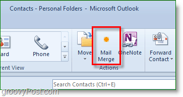 „Outlook 2010“ ekrano kopija - spustelėkite pašto sujungimas