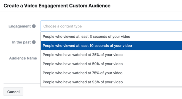 Kaip reklamuoti savo tiesioginį įvykį „Facebook“, 9 žingsnis, sukurkite žmonių, kurie žiūrėjo bent 10 sekundžių jūsų vaizdo įrašo, įtraukimo į vaizdo įrašus kampaniją