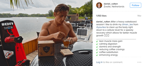 Sportininkas Danielis Ruttenas pozuoja su „Man Tea“ ir pabrėžia jo „Instagram“ sekėjų naudą.
