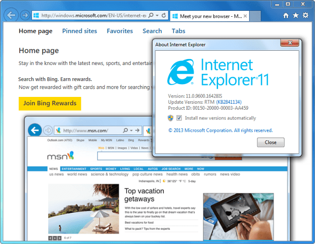„IE 11“ įdiegta „Windows 7“