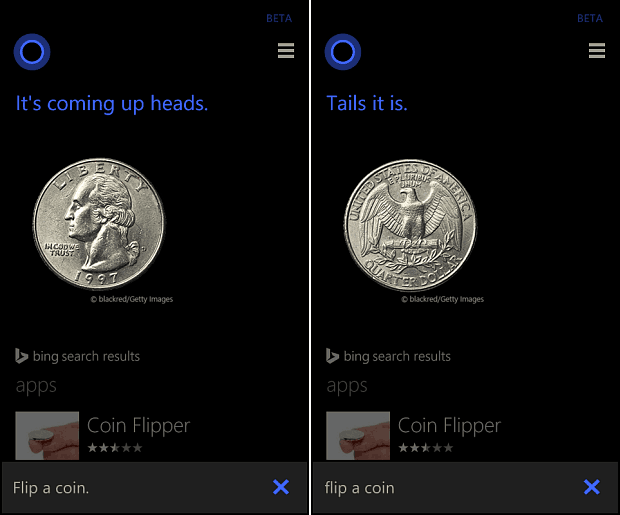 Cortana Apverskite monetą