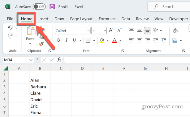 „Excel“ pagrindinis skirtukas