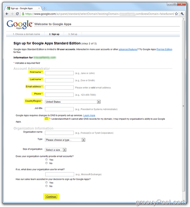 „Google Apps“ standartinės versijos registracija įveskite domeną