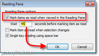 „Office Outlook“ 2010 skaitymo srities parinktyse spustelėkite pažymėti elementus kaip skaitytus, kai žiūrima skaitymo srityje, tada įveskite laiko, kurį norite palaukti, kol pažymėsite elementus kaip perskaitytus, tai užtrunka, kol paprastai skaitote el