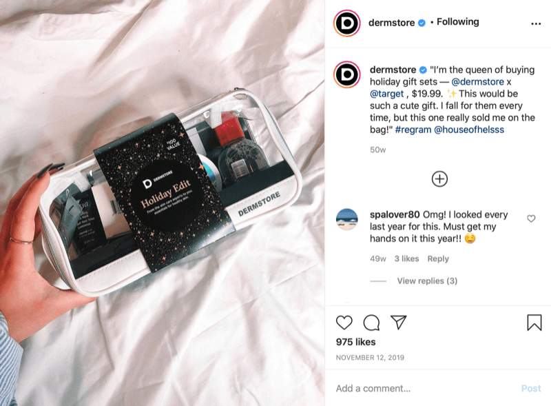 sezoninės dovanos @dermstore pavyzdys, rastas ir pasidalintas per „Instagram“ įrašą, nurodant pardavimo kainą ir pažymint „@target“, kur vyksta pardavimas