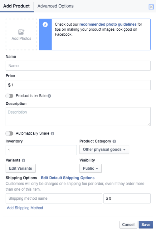 facebook parduotuvės produkto informacija