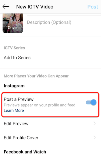 instagram igtv naujos vaizdo meniu parinktys su aktyvuota peržiūros parinktimi
