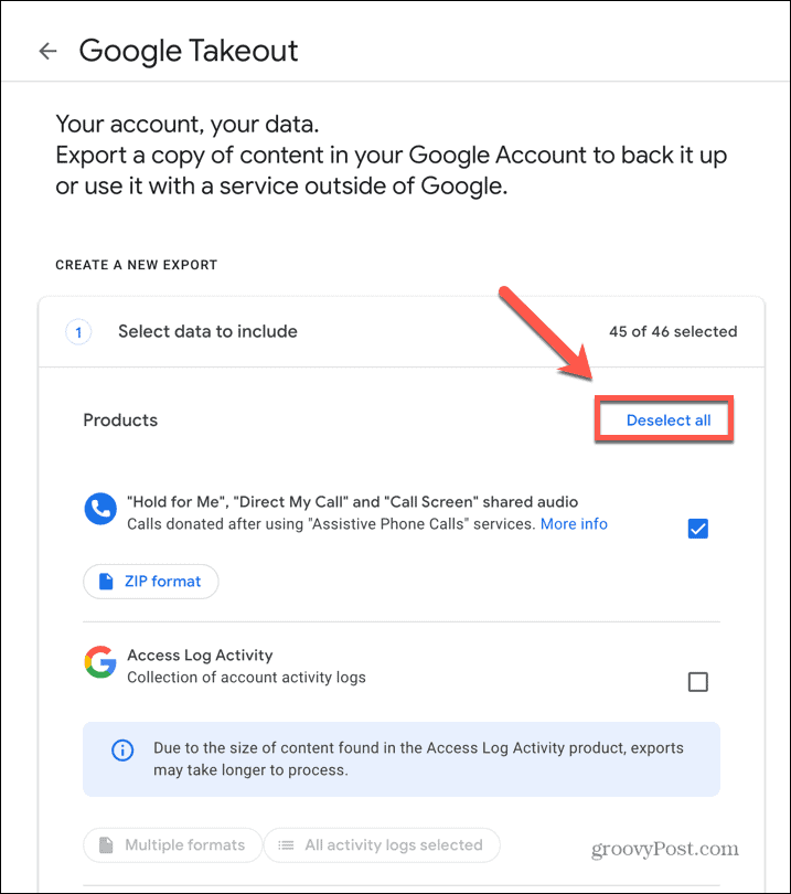 google takeout panaikinti pasirinkimą