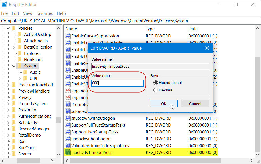 „InactivityTimeoutSecs“ registro „Windows 10“ pagrindinė versija