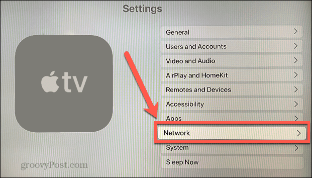 Apple TV tinklo meniu