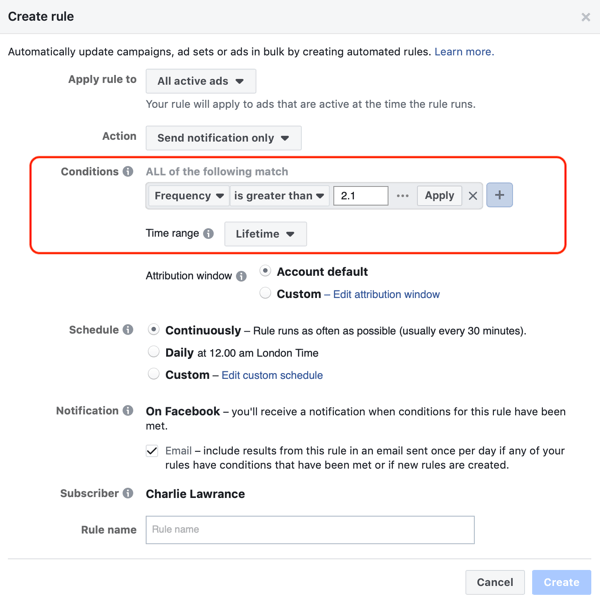 Naudokitės „Facebook“ automatinėmis taisyklėmis, pranešimu, kai skelbimų dažnumas viršija 2.1, 2 veiksmą, sąlygų nustatymus