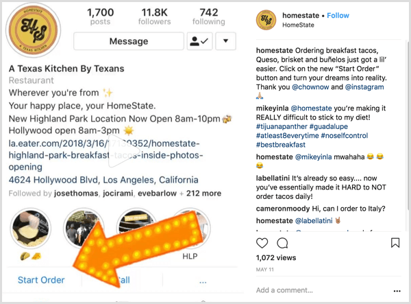 „Instagram“ verslo įrašo pavyzdys, kuriame vartotojams parodoma, kaip naudoti veiksmo mygtuką Pradėti užsakymą