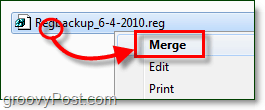 sujungti registro failą, kad būtų atkurtas „Windows 7“ ir „Vista“