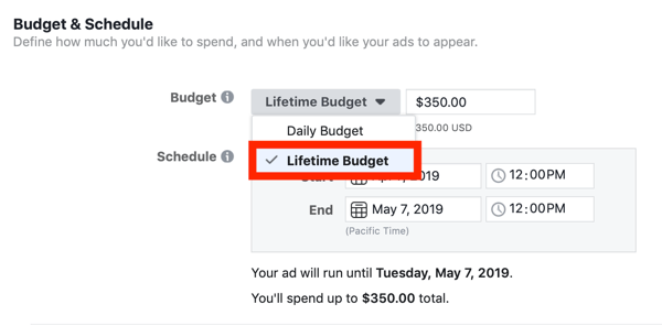 Patarimai, kaip sumažinti „Facebook“ skelbimų išlaidas, galimybė nustatyti kampanijos biudžetą pagal viso gyvenimo biudžetą