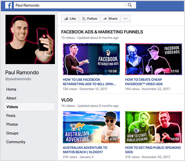 Pauliaus Ramondo „Facebook“ puslapyje „Facebook“ vaizdo įrašų miniatiūrose yra tekstas, kuris užima mažiau nei 20 procentų miniatiūros vaizdo.