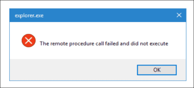 Nuotolinio procedūrų iškvietimo nepavyko klaidos paleidžiant „File Explorer“ pavyzdys.