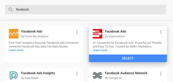 Norėdami analizuoti „Facebook“ skelbimus, naudokite „Google Data Studio“, 4 žingsnis, galimybė naudoti „Facebook Ads“ jungtį iš „Supermetrics“ kaip duomenų šaltinį