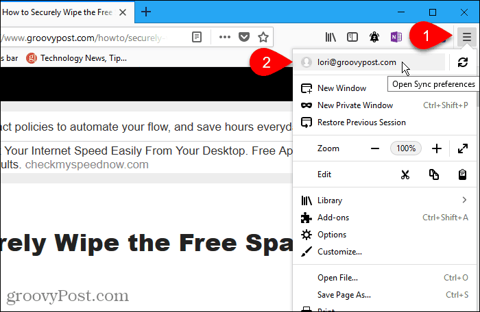 Atidarykite „Firefox“, skirtos „Windows“, sinchronizavimo nuostatas