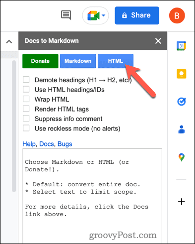 Konvertuokite į HTML naudodami „Google“ dokumentuose esančius dokumentus į „Markdown“.
