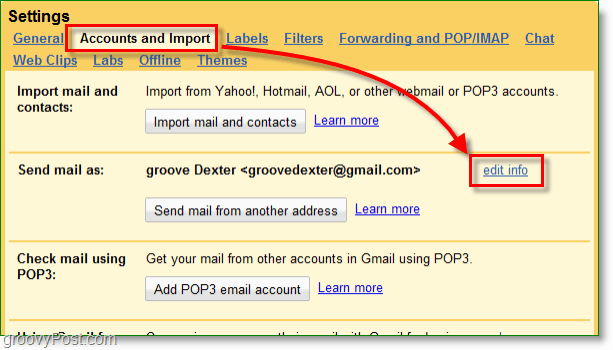 spustelėkite savo „Google“ pašto abonementus ir importavimo mygtuką, tada redaguokite informaciją