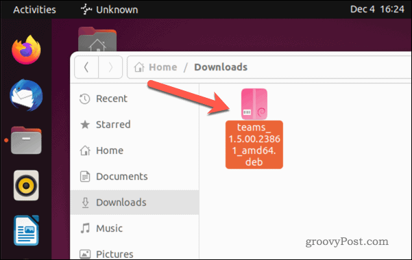 Atidarykite „Microsoft Teams“ diegimo failą „Ubuntu“.