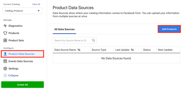 Norėdami pridėti produktų per „Facebook“ gaminio duomenų šaltinių skirtuką, naudokite „Facebook“ įvykių sąrankos įrankio 22 veiksmo meniu parinktį