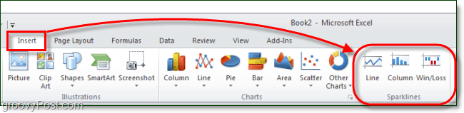 kibirkštėlės ​​„excel 2010“ juostoje