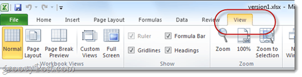 peržiūros parinktys „Excel“ skaičiuoklių biuras 2010