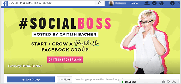 Caitlin Bacher surengtoje „Facebook“ grupės viršelio nuotraukoje, skirtoje „Social Boss“, geltonas fonas, rausvi akcentai tekste ir nuotrauka, kurioje Caitlin traukia marškinių apykaklę.