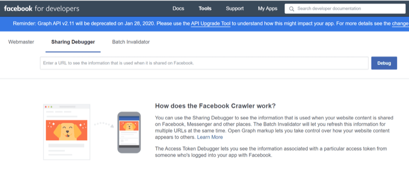 1 žingsnis, kaip naudoti „Facebook Sharing Debugger“ įrankį