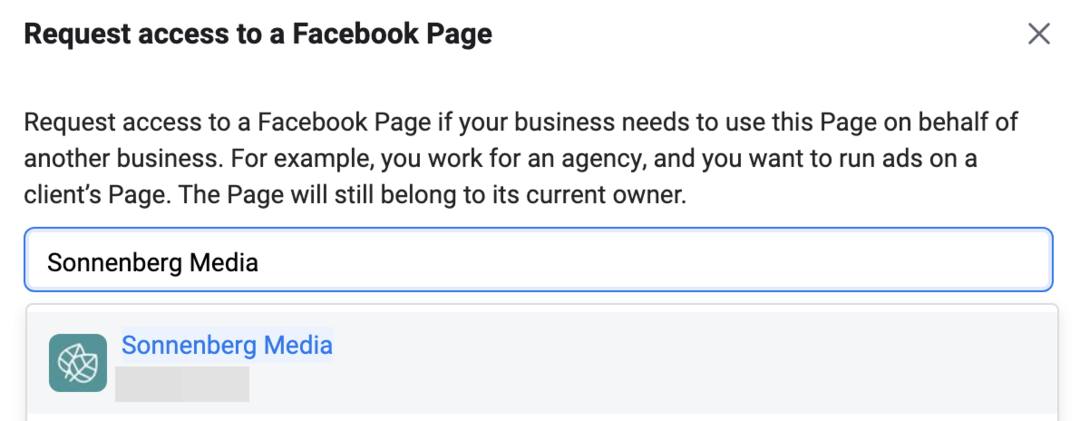 Prašyti prieigos prie „Facebook“ puslapio ekrano vaizdas „Meta Business Manager“.