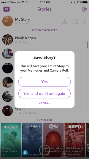 Palieskite Taip, kad išsaugotumėte „Snapchat“ istoriją.
