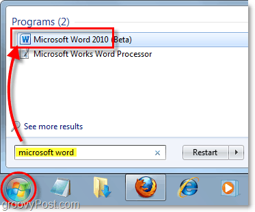 paleiskite „Microsoft Word 2010“ „Windows 7“