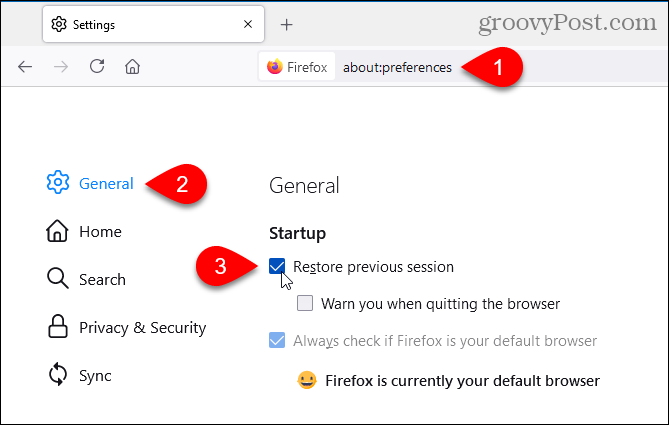 „Firefox“ pasirinkite Atkurti ankstesnį seansą