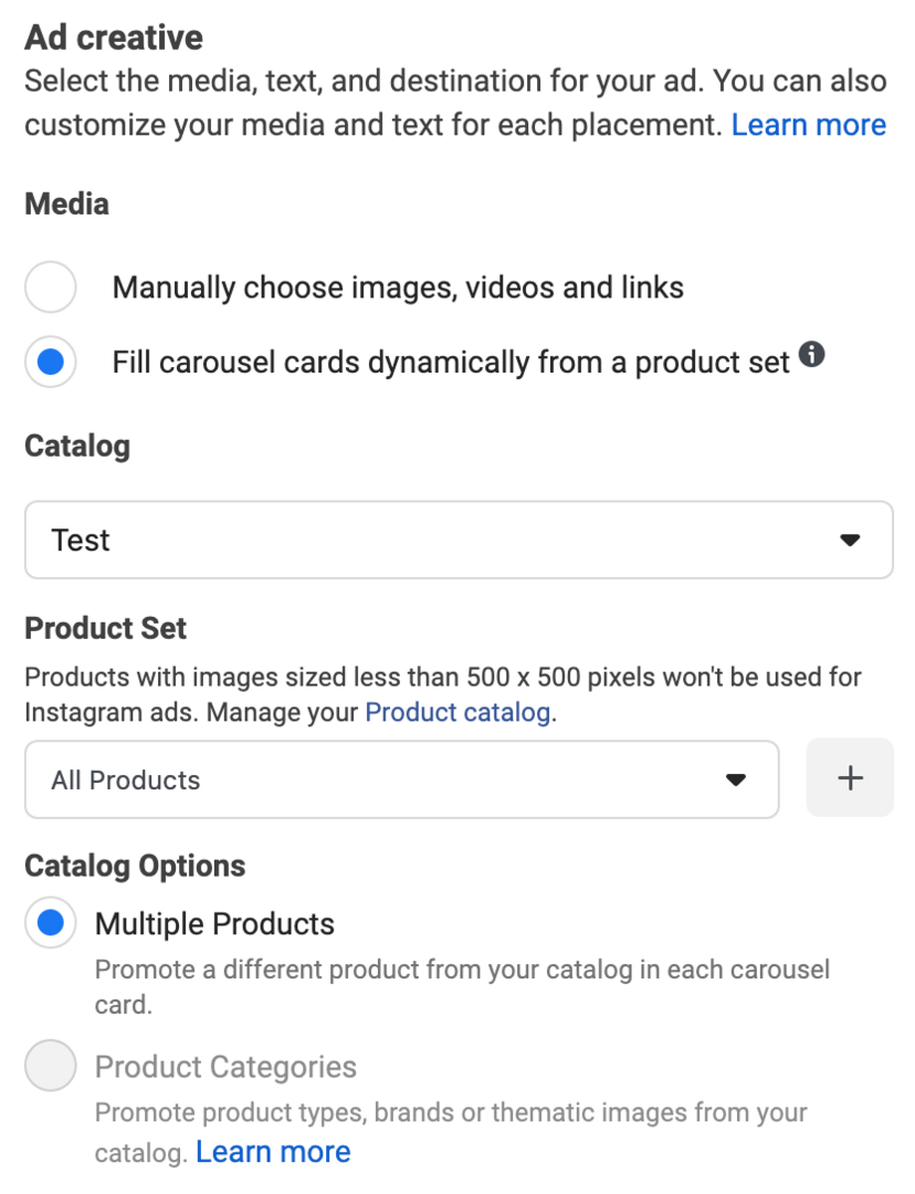 Vaizdas Fill Carousel Cards Dinamiškai iš produktų rinkinio parinkties, pasirinktos nustatant „Facebook“ skelbimą