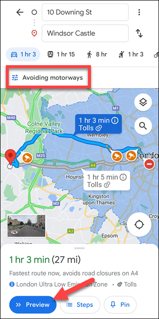Google Maps mobilusis maršrutas be greitkelių