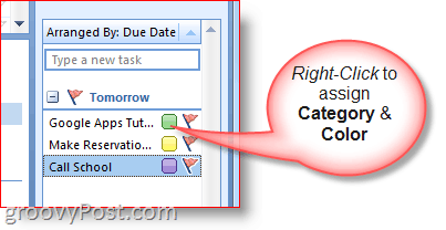 „Outlook 2007“ užduočių juosta – dešiniuoju pelės mygtuku spustelėkite Užduotis, kad pasirinktumėte spalvas ir kategoriją