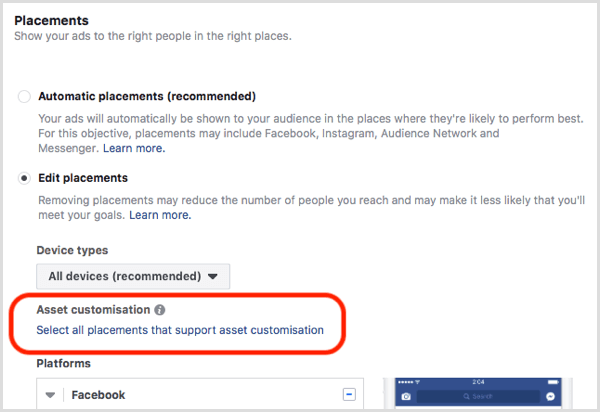 „Facebook“ paskirties vietų pritaikymo įrankis