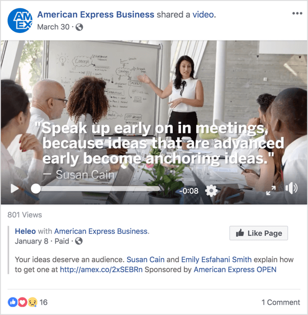 Šiame „American Express“ verslo „Facebook“ skelbime yra Susan Cain, gerai žinoma lyderystės ir vadybos ekspertė, kuri šlovę pasiekė neseniai paskelbtu „TED Talk“.
