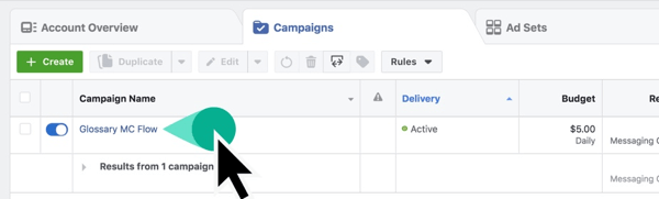 „Facebook“ skelbimų tvarkyklėje raskite savo kampanijos pavadinimą.
