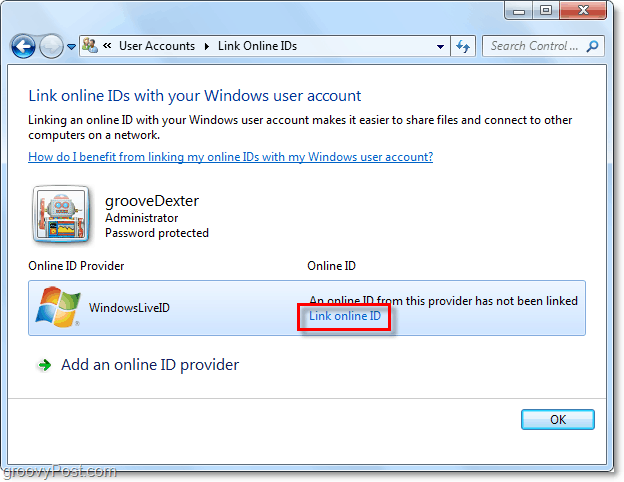 susieti „Windows Live ID“ su „Windows 7“ paskyra