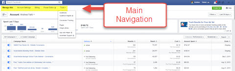 „Facebook“ skelbimų tvarkyklės pagrindinė navigacija