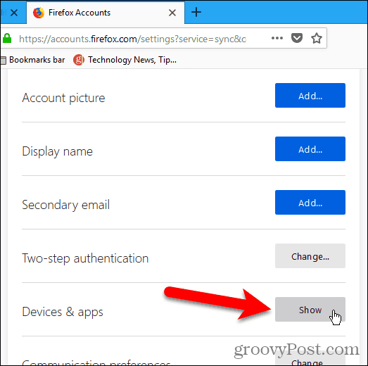 Spustelėkite Rodyti įrenginiams ir programoms „Firefox“, skirtoje „Windows“