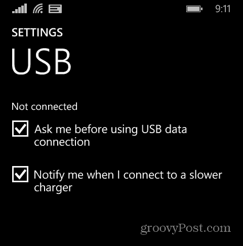 „Windows Phone“ nustatymai USB
