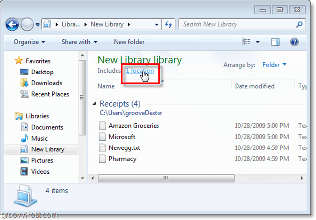 paspauskite vietos nuorodą, kad nustatytumėte naujų vietų pridėjimą prie „Windows“ bibliotekos