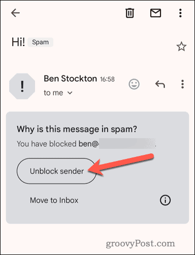 Atblokuokite užblokuotą siuntėją „Gmail“ programoje mobiliesiems