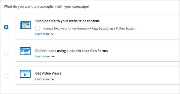 Pasirinkite „LinkedIn“ vaizdo įrašo skelbimų kampanijos kampanijos tikslą.